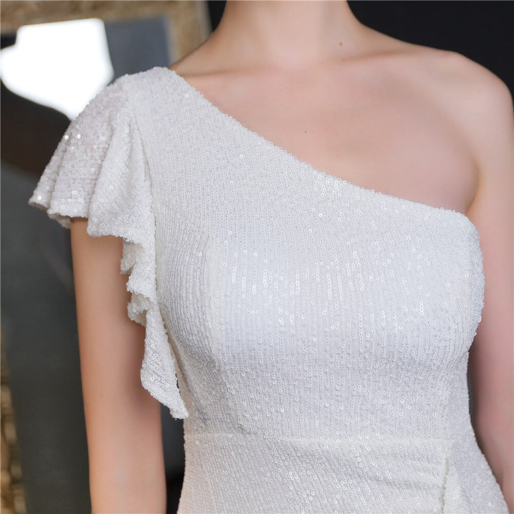 Vestido de Festa Longo Assimétrico com Detalhes Babados Branco