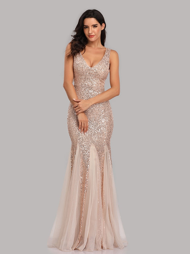 Vestido de Festa Longo Sereia com Detalhes Paetês Dourado (Pronta Entrega)