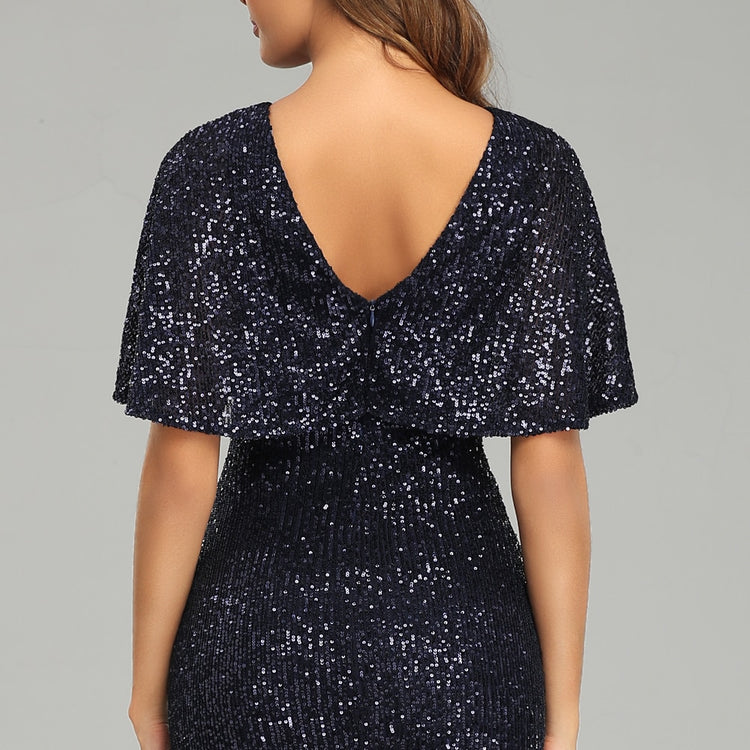 Vestido Festa Sereia com Detalhes Paetês Azul Marinho