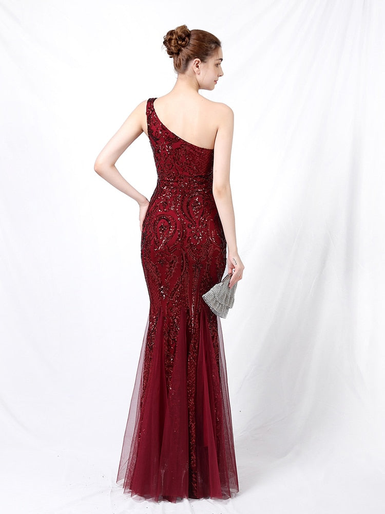 Vestido de Festa Ombro Único em Tule com Bordados Paetês Marsala