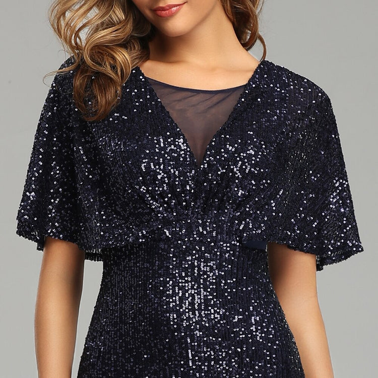 Vestido Festa Sereia com Detalhes Paetês Azul Marinho