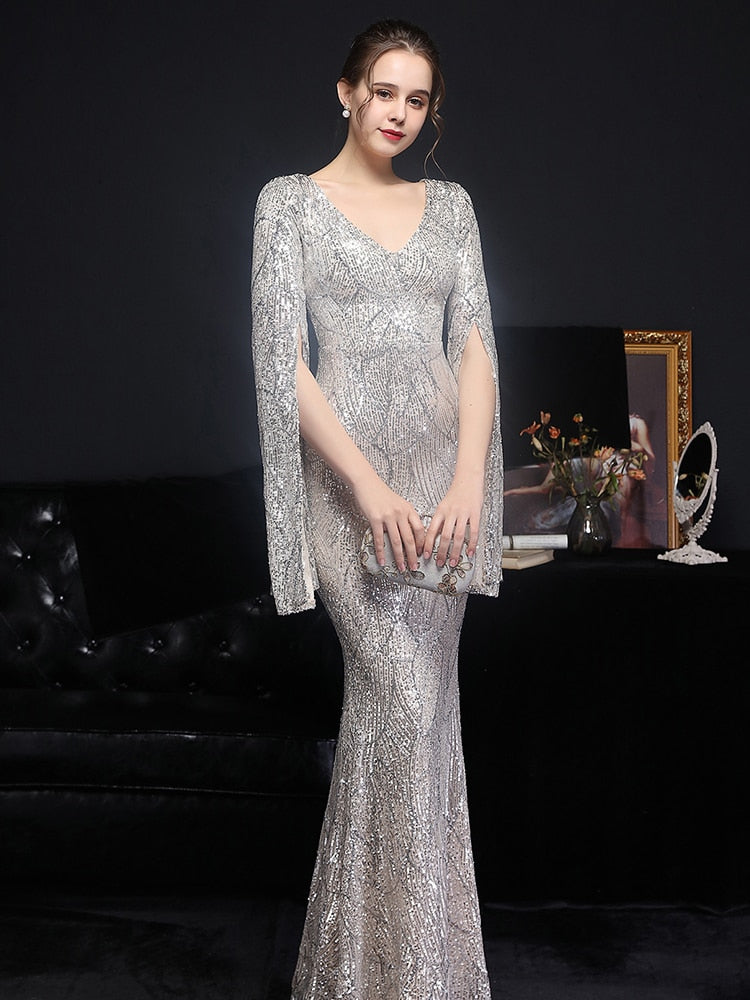 Vestido de Festa Longo Sereia Cristal com Manga Solta Prata
