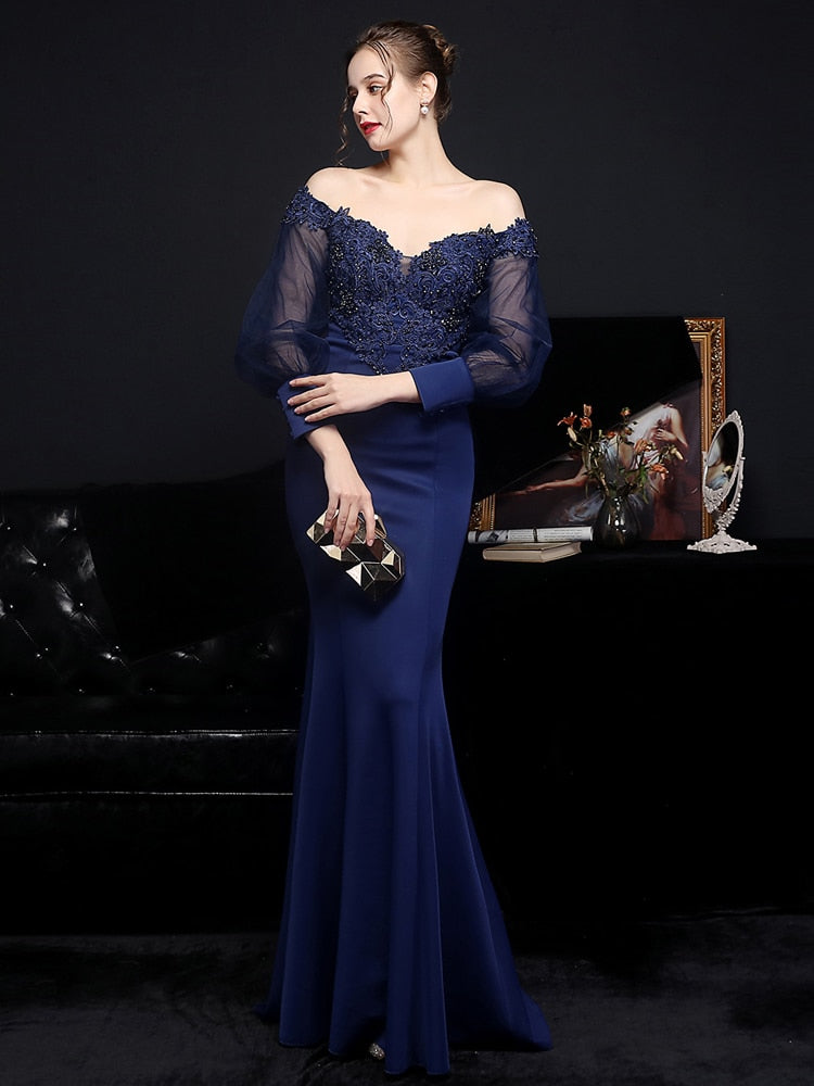 Vestido de Festa Longo Sereia com Manga com Renda e Detalhes Bordados Azul Marinho