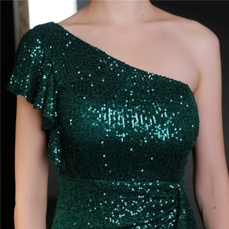 Vestido de Festa Longo Assimétrico com Detalhes Babados Verde
