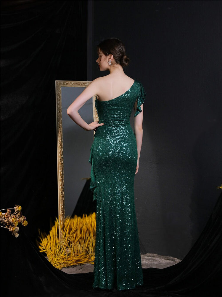 Vestido de Festa Longo Assimétrico com Detalhes Babados Verde