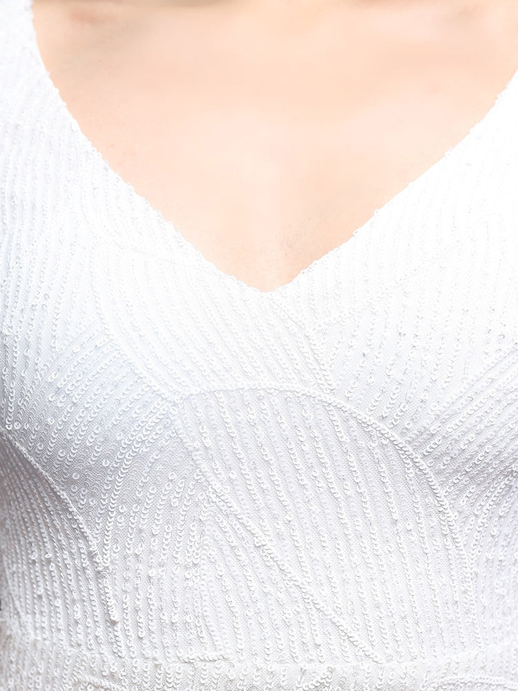 Vestido de Festa Longo Sereia Cristal com Manga Solta Branco