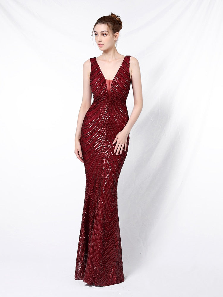 Vestido de Festa Longo Sereia Brilho sem Manga Marsala