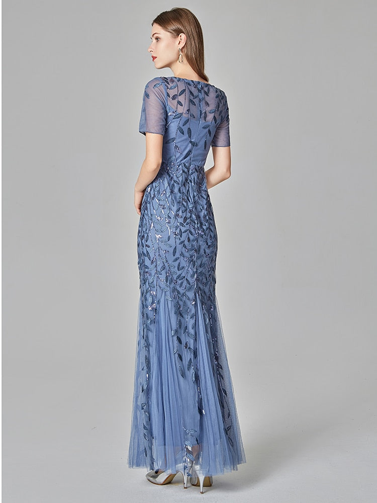 Vestido de Festa Elegante Azul Empoeirado com Apliques Folhagem (Pronta Entrega)