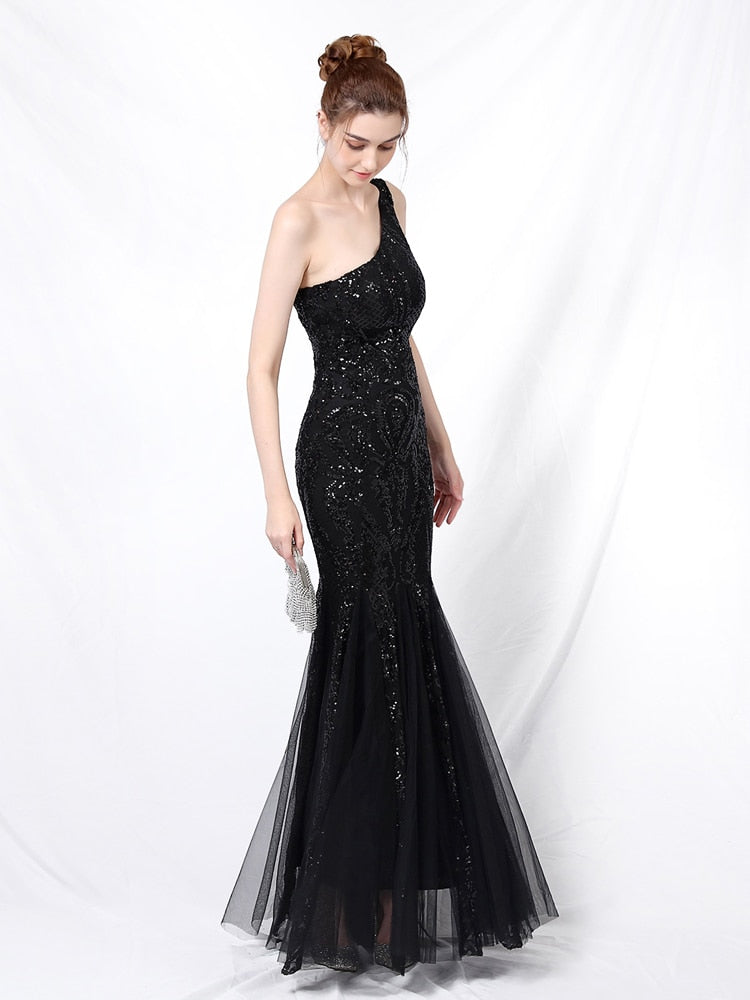 Vestido de Festa Ombro Único em Tule com Bordados Paetês Preto