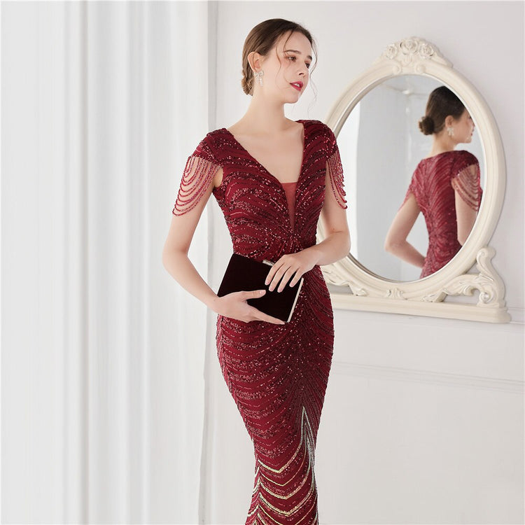 Vestido de Festa Luxo Sereia com Detalhes Paetês Marsala