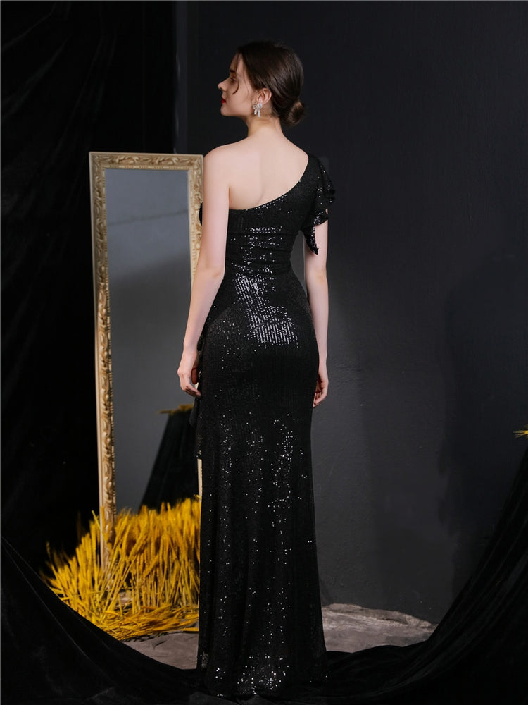 Vestido de Festa Longo com Abertura Bordada Brilho Preto