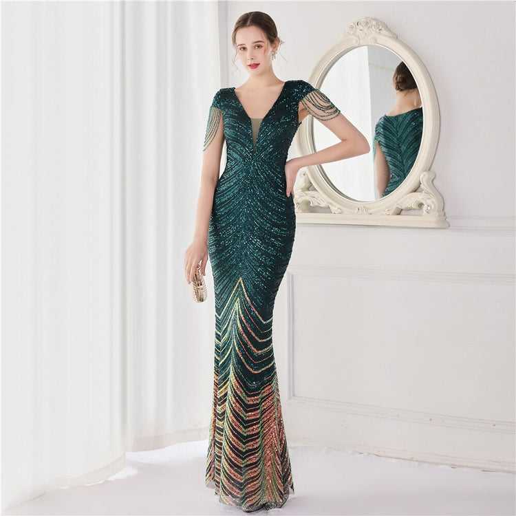 Vestido de Festa Luxo Sereia com Detalhes Paetês Verde
