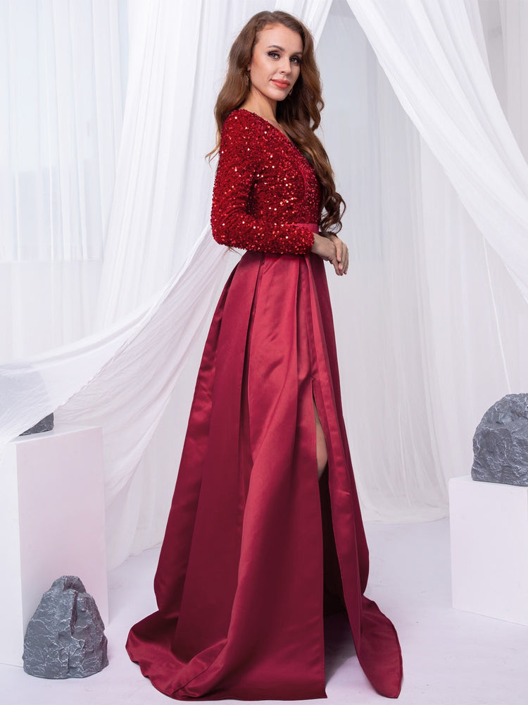 Vestido de Festa Longo Brilho com Abertura Lateral Marsala