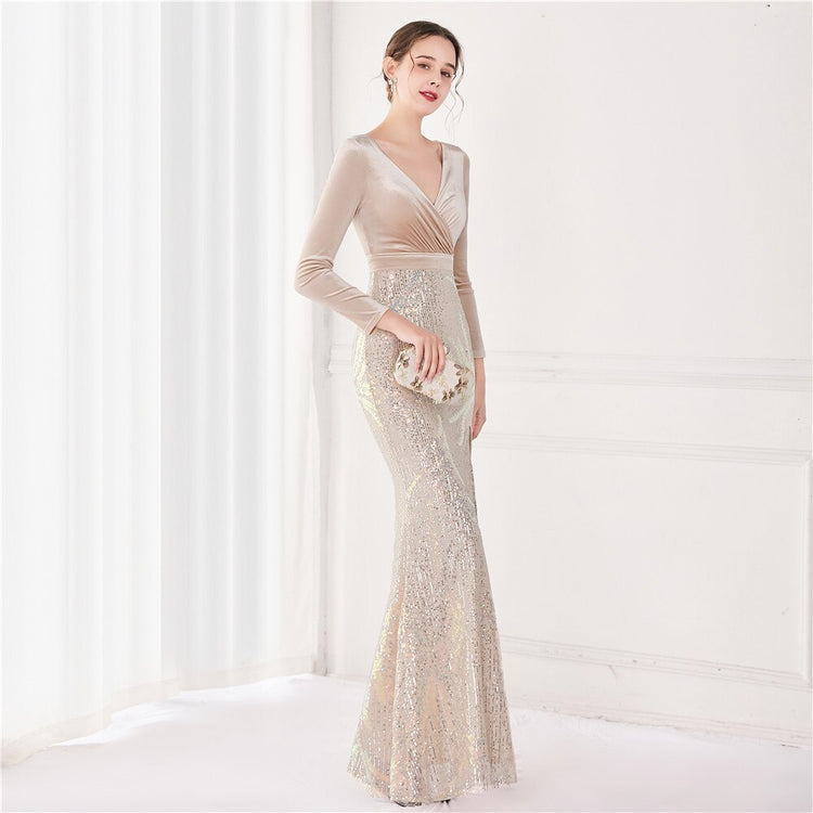 Vestido de Festa Luxo Sereia com Paetês Bordados Prateado