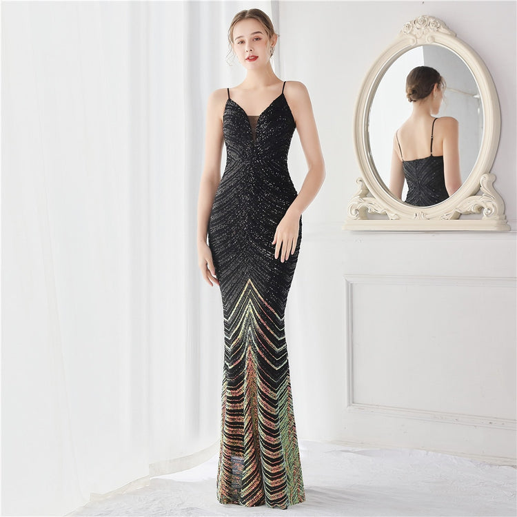 Vestido de Festa Longo Luxo Detalhado em Listras de Paetês Preto