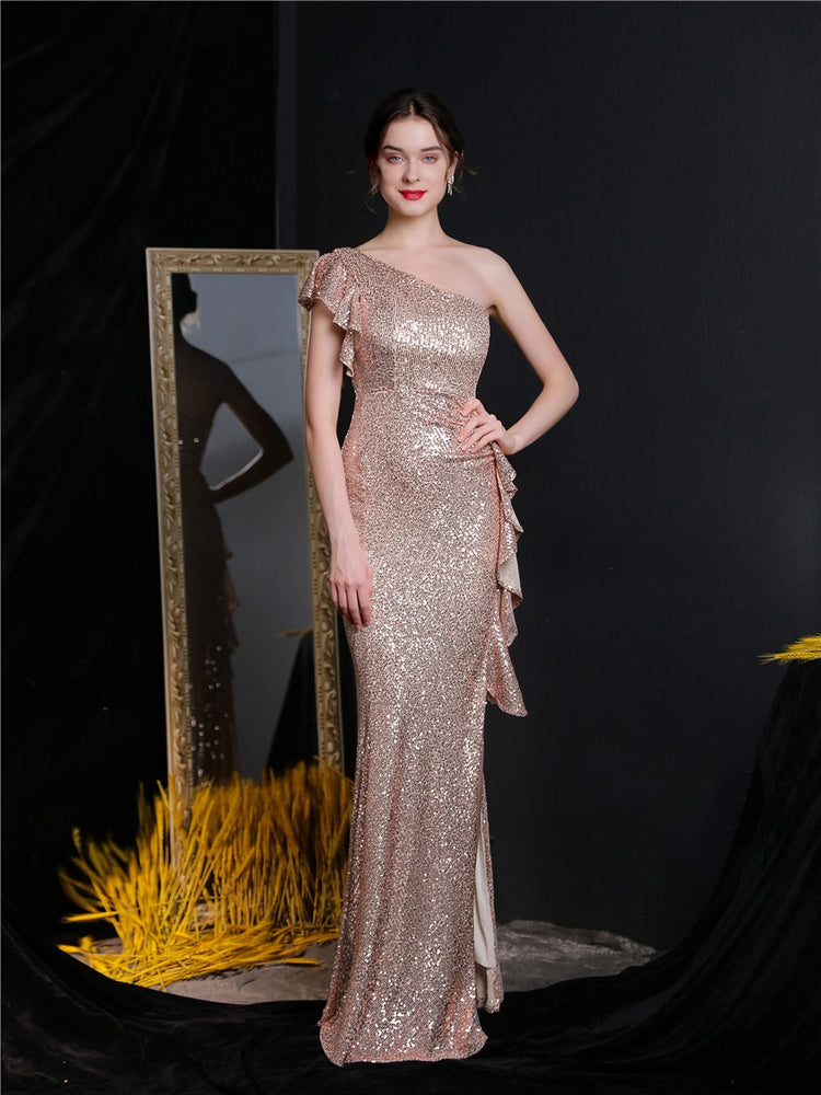 Vestido de Festa Longo com Abertura Bordada Brilho Dourado