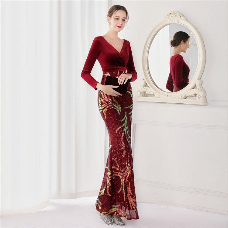 Vestido de Festa Luxo Sereia com Paetês Bordados Marsala