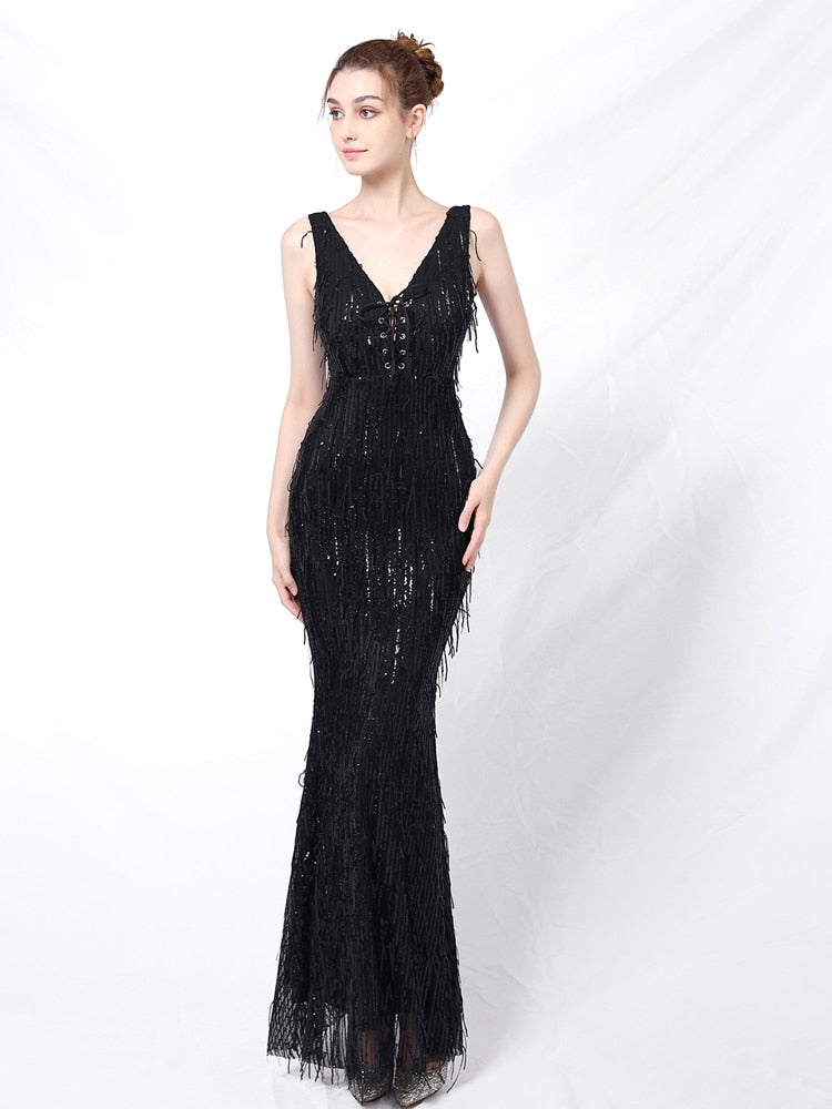 Vestido de Festa Longo Sereia Brilho Bordado Preto