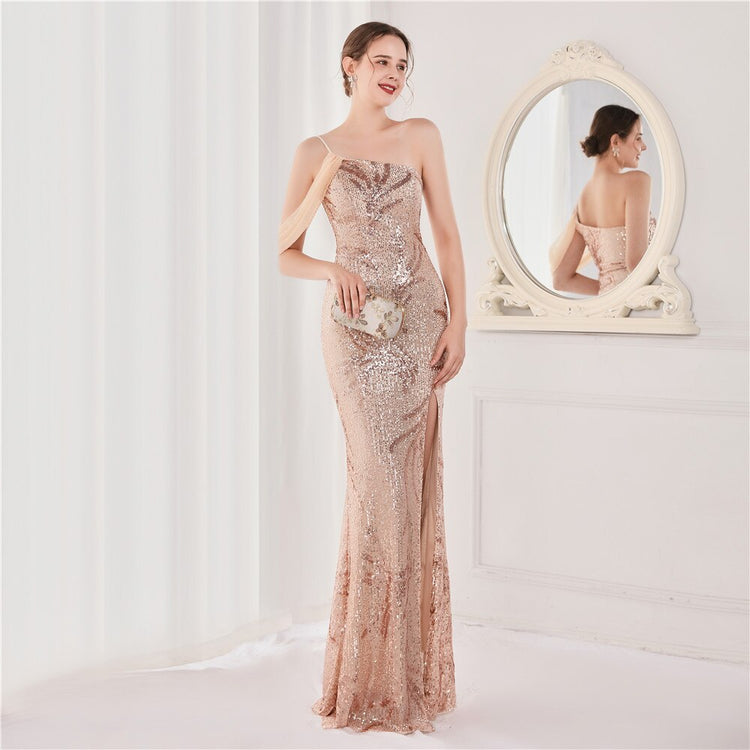 Vestido de Festa Luxo com Paetês Bordados Dourado