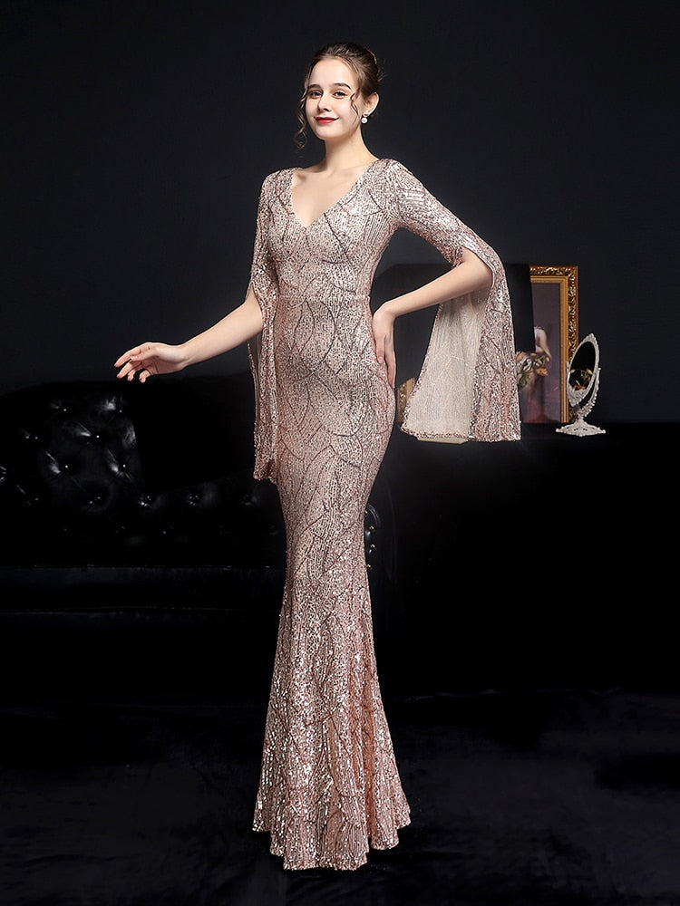 Vestido de Festa Longo Sereia Cristal com Manga Solta Dourado