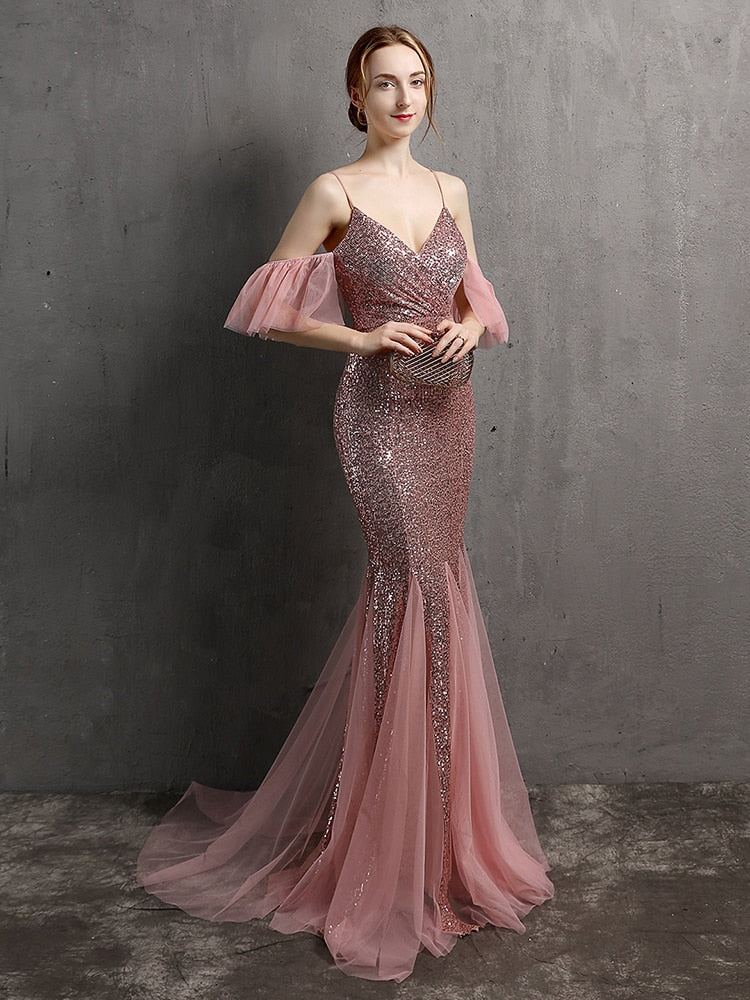 Vestido de Festa Longo Elegante com Manga com Renda Rosa Empoeirado