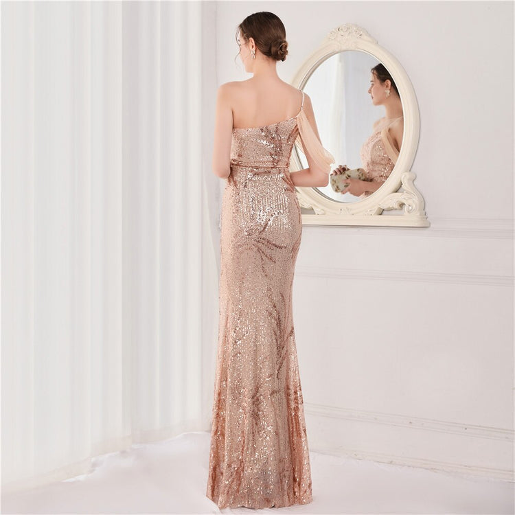Vestido de Festa Luxo com Paetês Bordados Dourado