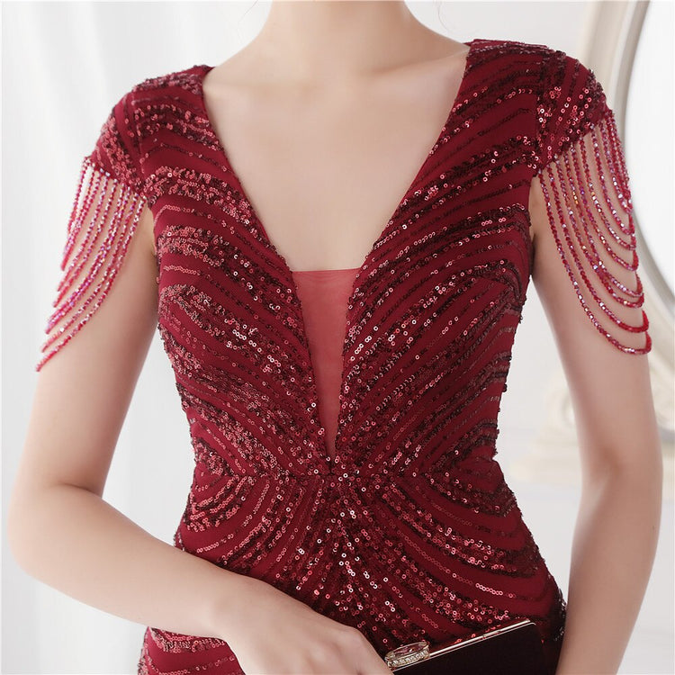 Vestido de Festa Luxo Sereia com Detalhes Paetês Marsala
