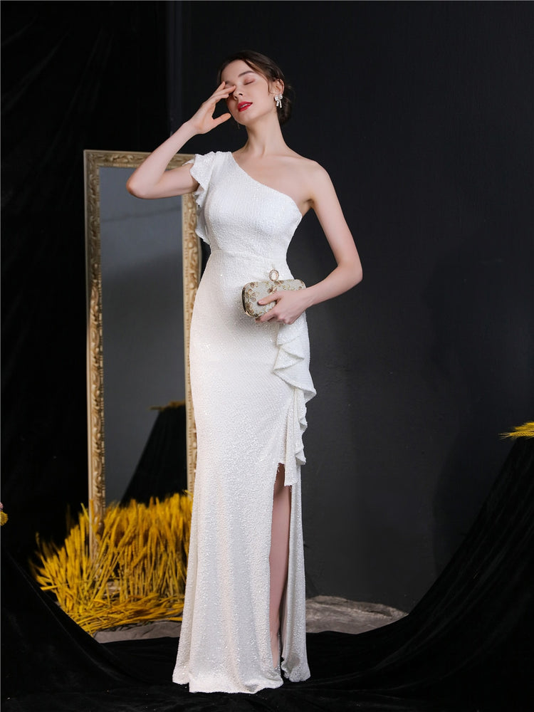 Vestido de Festa Longo com Abertura Bordada Brilho Branco