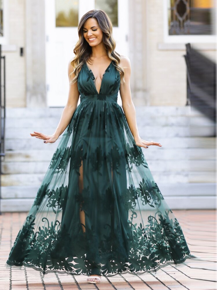 Vestido de Festa Longo Verde Escuro com Sobreposição Bordada
