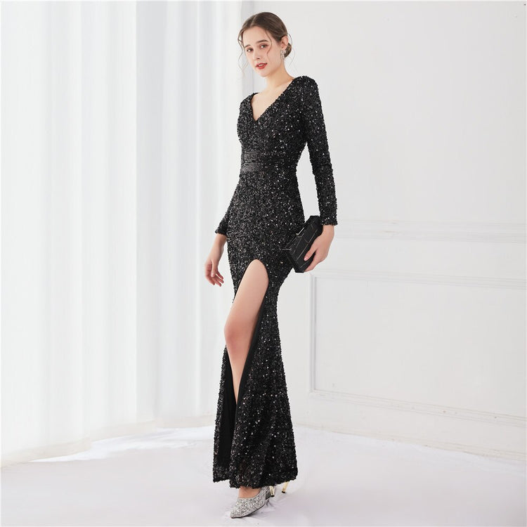 Vestido de Festa Longo Luxo Todo Detalhado em Paetês Preto