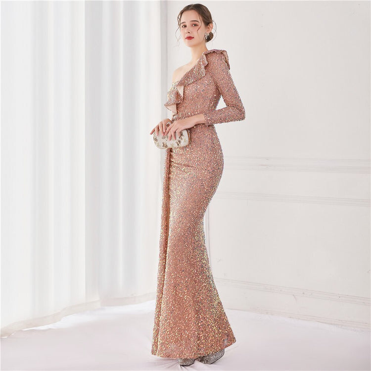 Vestido de Festa Longo com Babados Assimétricos Dourado