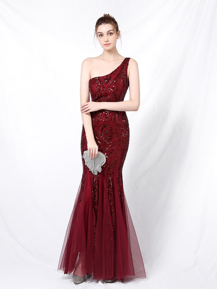 Vestido de Festa Ombro Único em Tule com Bordados Paetês Marsala