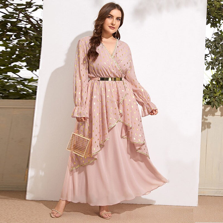 Vestido de Festa Rosé com Babados e Detalhe Cinto Dourado