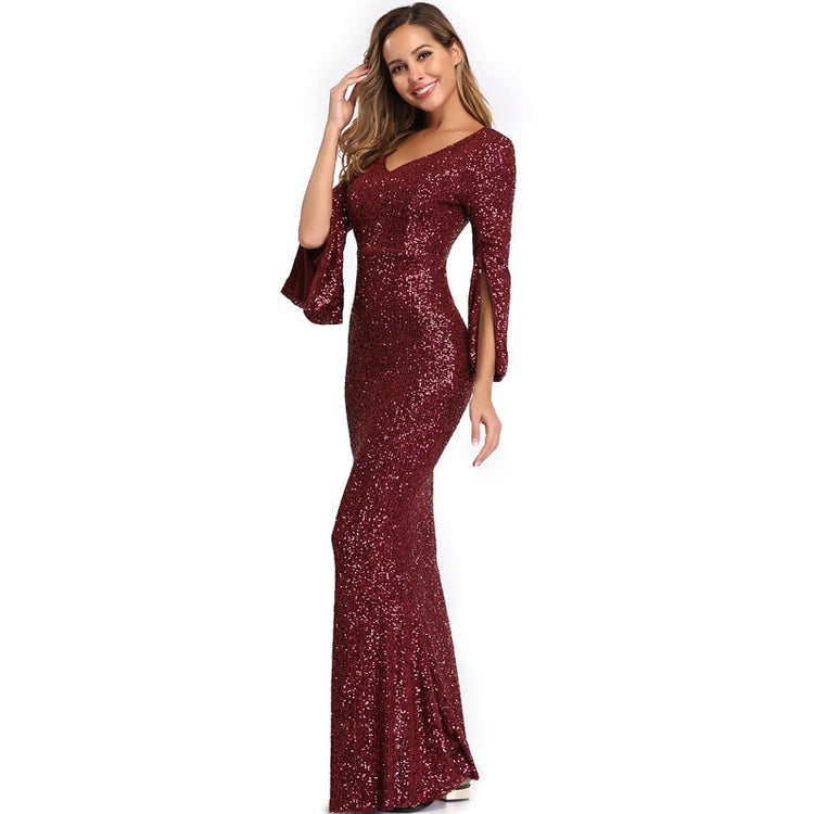 Vestido de Festa Longo com Brilho Marsala e Mangas 3/4