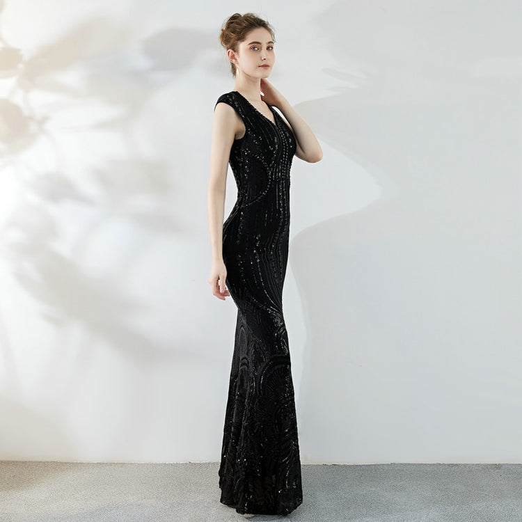 Vestido de Festa Longo Sereia com Decote V Brilho Preto