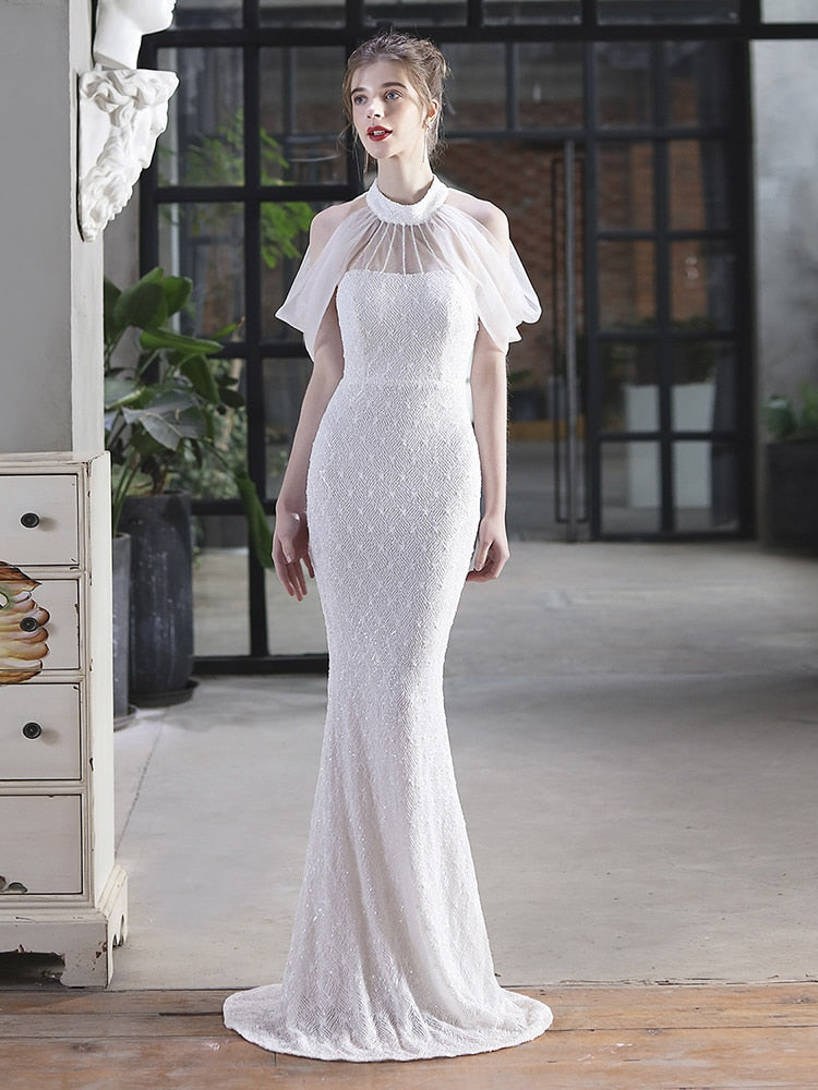Vestido De Festa Longo Com Decote Em Tule Branco
