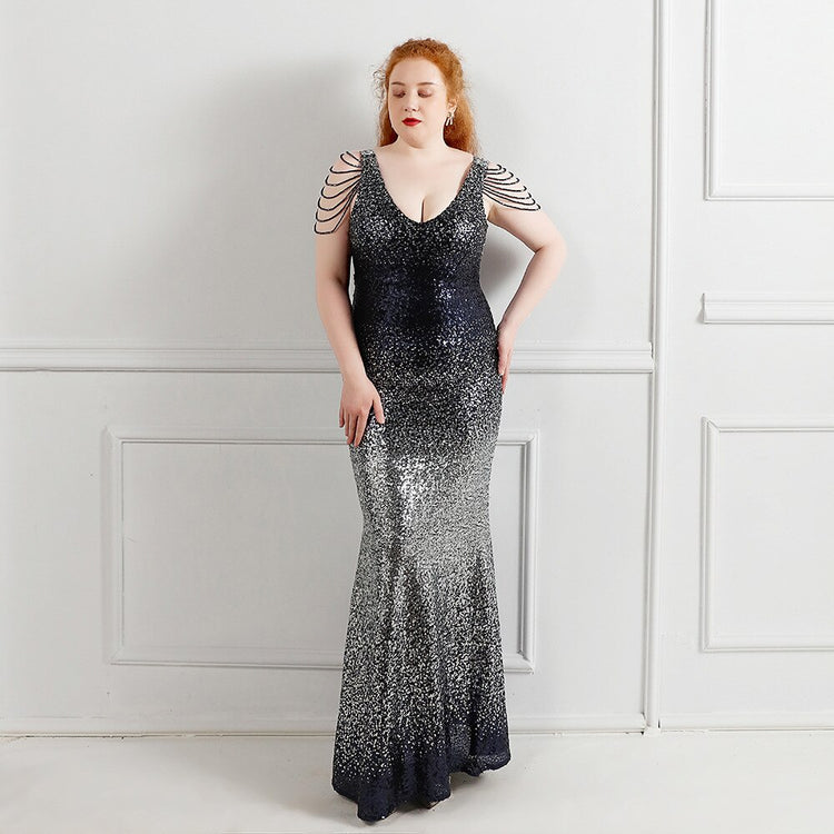 Vestido de Festa Longo com Manga Colar Azul Marinho com Prata