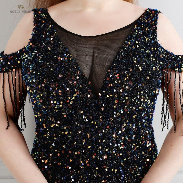 Vestido de Festa Longo Manga Borla Preto