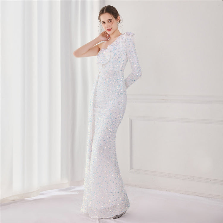 Vestido de Festa Longo com Babados Assimétricos Branco