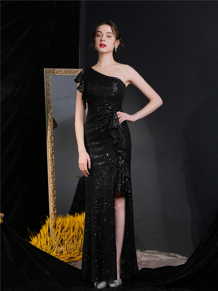 Vestido de Festa Longo com Abertura Bordada Brilho Preto