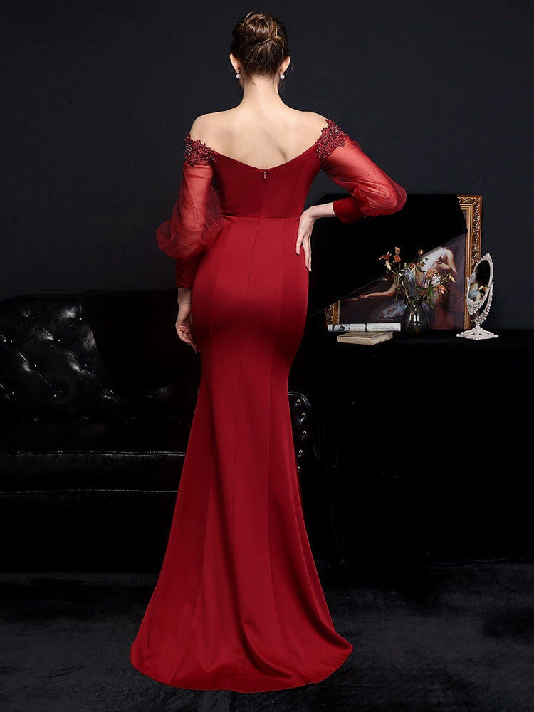 Vestido de Festa Longo Sereia com Manga com Renda e Detalhes Bordados Marsala