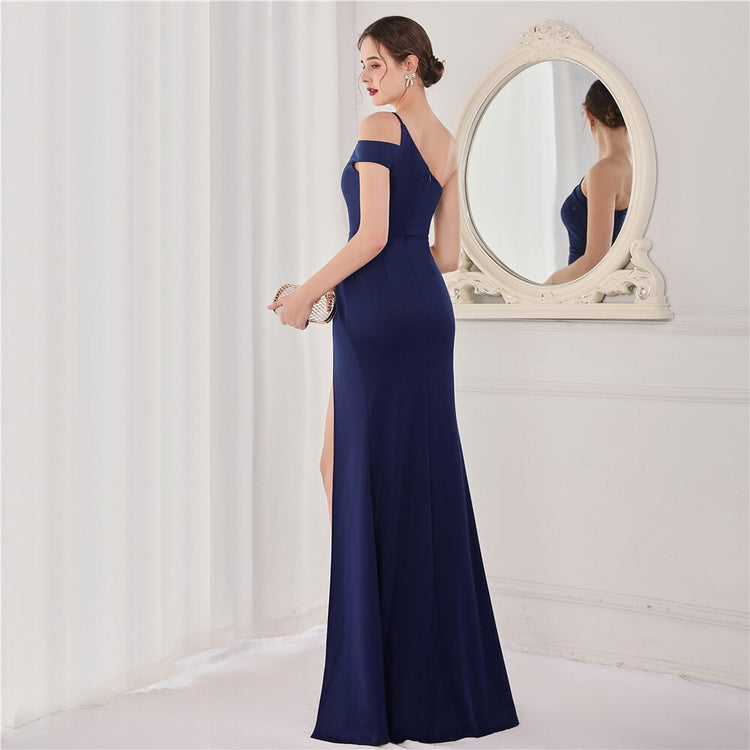 Vestido de Festa Longo com Ombro Assimétrico Azul Marinho