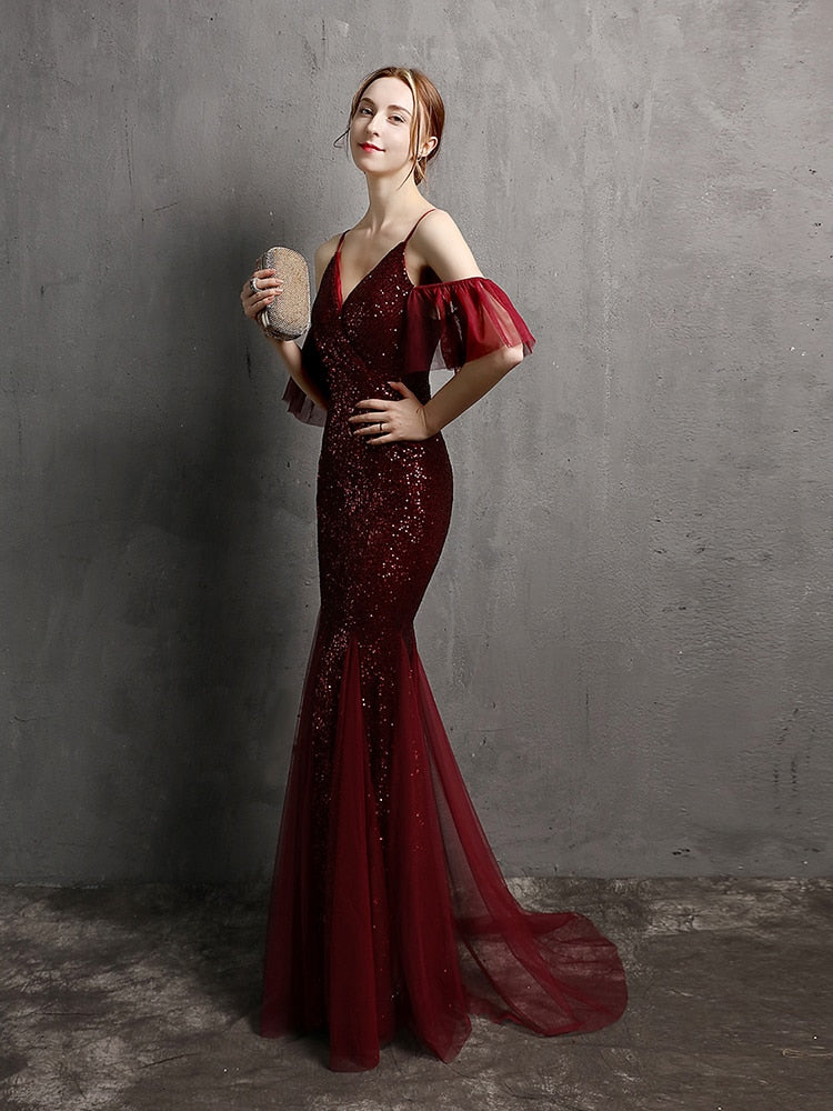 Vestido de Festa Longo Elegante com Manga com Renda Marsala