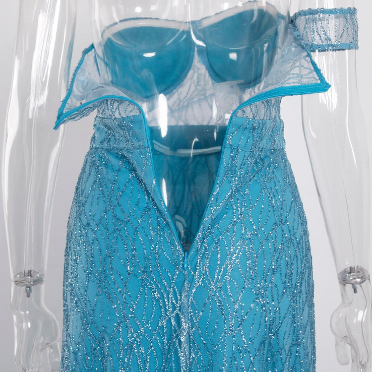 Vestido de Festa Longo com Fenda e Transparência Azul Serenity