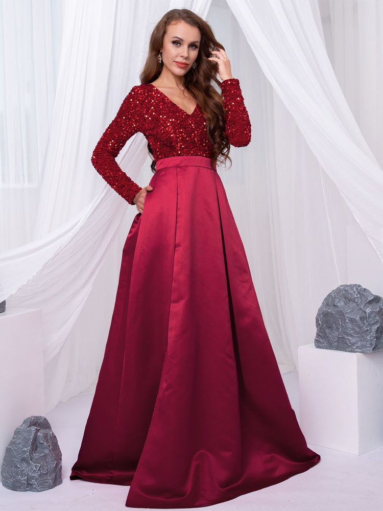 Vestido de Festa Longo Brilho com Abertura Lateral Marsala