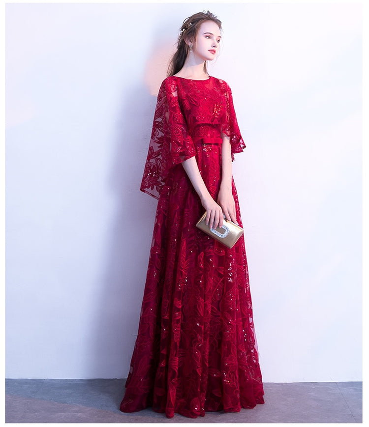 Vestido de Festa Longo com Manta Rendada Marsala