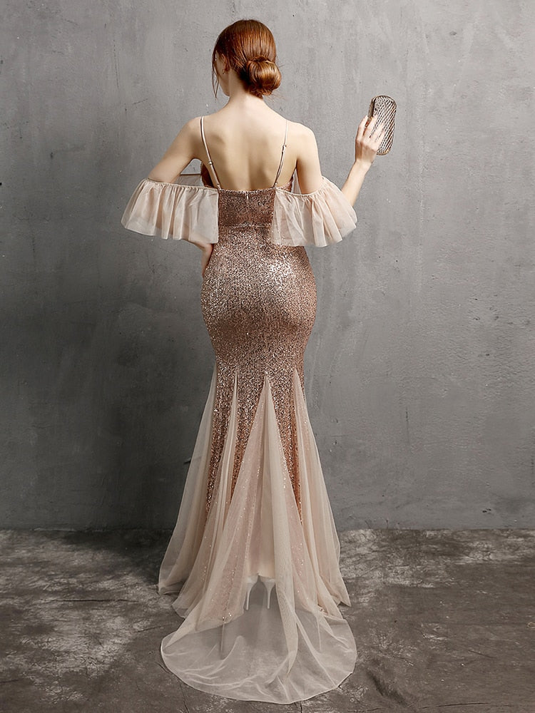 Vestido de Festa Longo Elegante com Manga com Renda Champagne