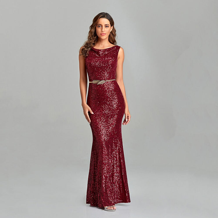 Vestido de Festa Marsala Longo Elegante Brilho