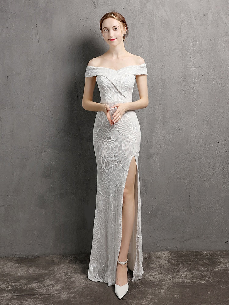 Vestido de Festa Longo com Abertura Lateral em Chiffon Branco