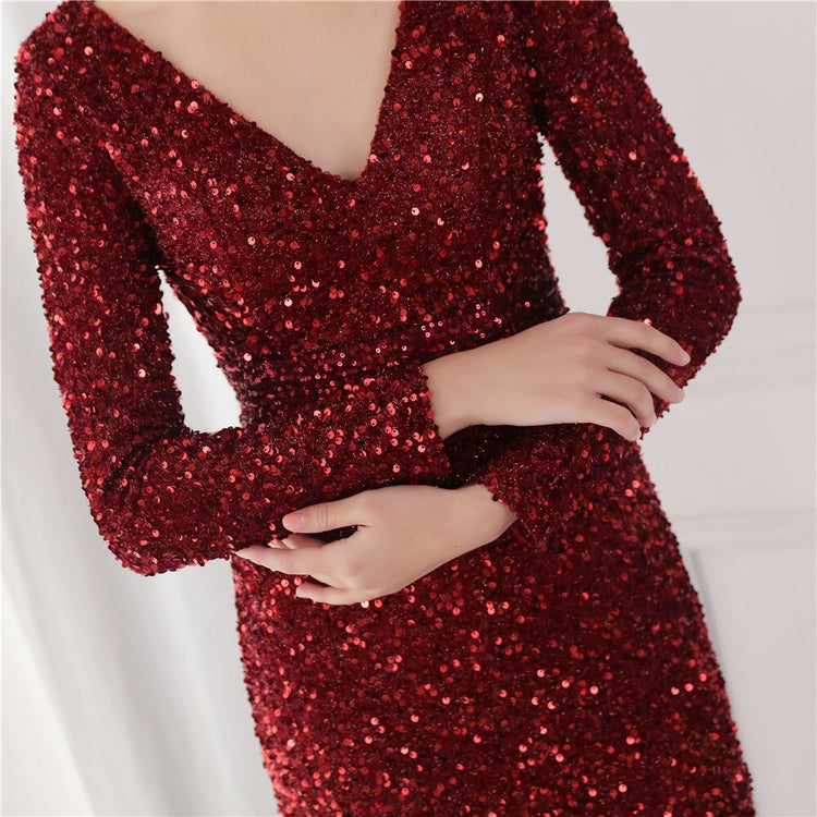 Vestido de Festa Longo Luxo Todo Detalhado em Paetês Marsala